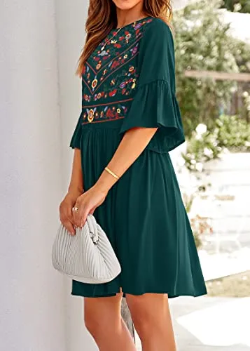 KIRUNDO 2023 Summer Women Bell Sleeve Floral Embroidered Mini Babydoll Dress Boho Casual Round Neck Flowy Tunic Shift Dress(Dark Green, Large)