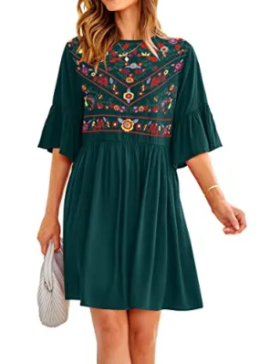 KIRUNDO 2023 Summer Women Bell Sleeve Floral Embroidered Mini Babydoll Dress Boho Casual Round Neck Flowy Tunic Shift Dress(Dark Green, Large)