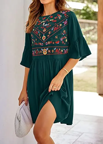 KIRUNDO 2023 Summer Women Bell Sleeve Floral Embroidered Mini Babydoll Dress Boho Casual Round Neck Flowy Tunic Shift Dress(Dark Green, Large)