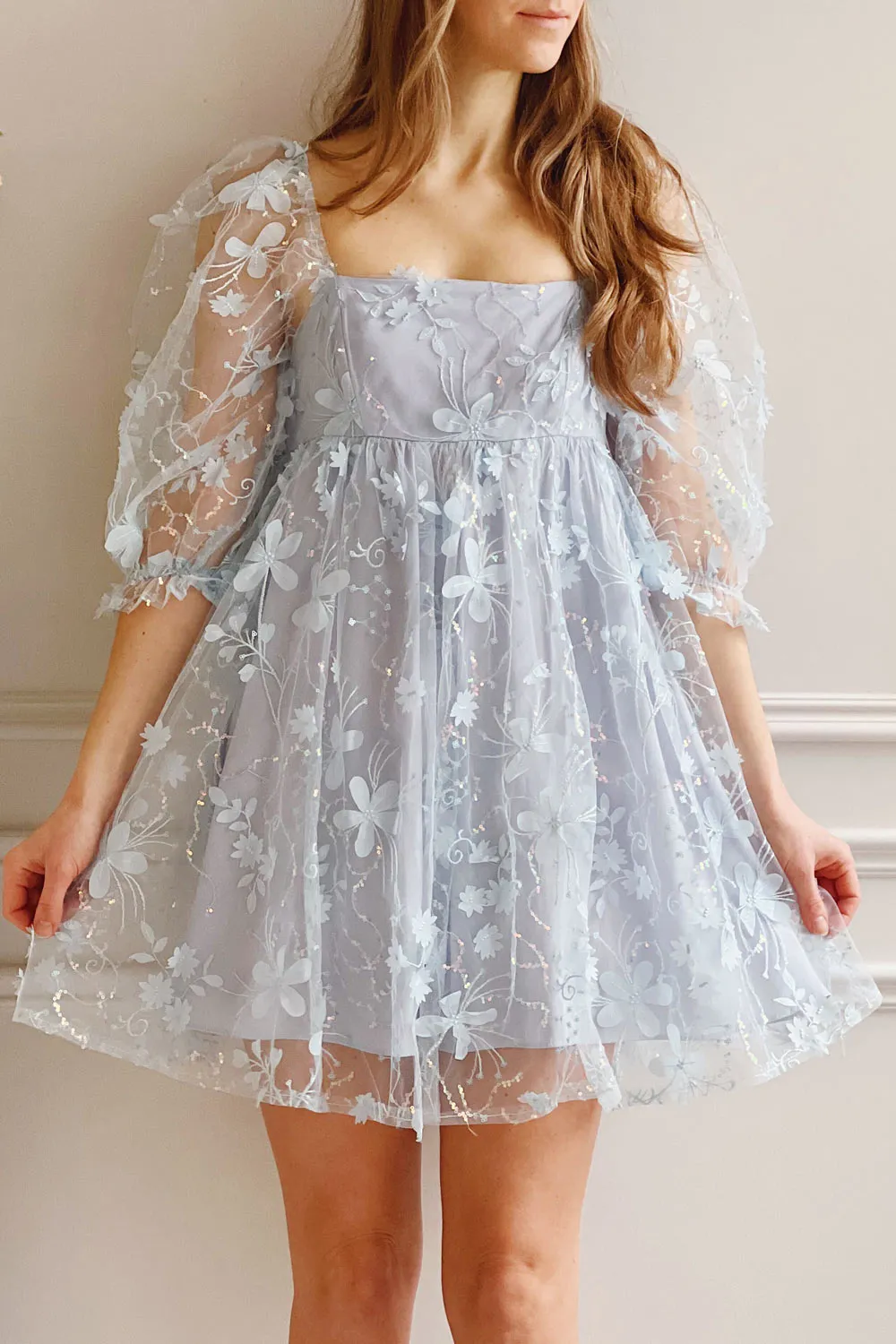 Laeticia | Blue Babydoll Dress w/ Floral Appliqués