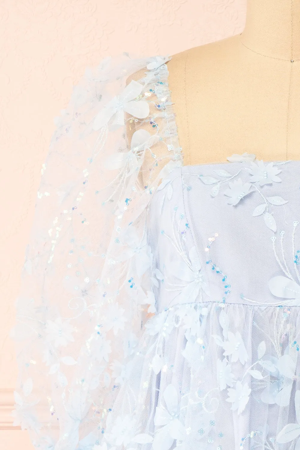 Laeticia | Blue Babydoll Dress w/ Floral Appliqués