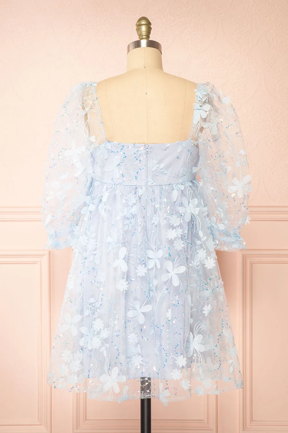 Laeticia | Blue Babydoll Dress w/ Floral Appliqués