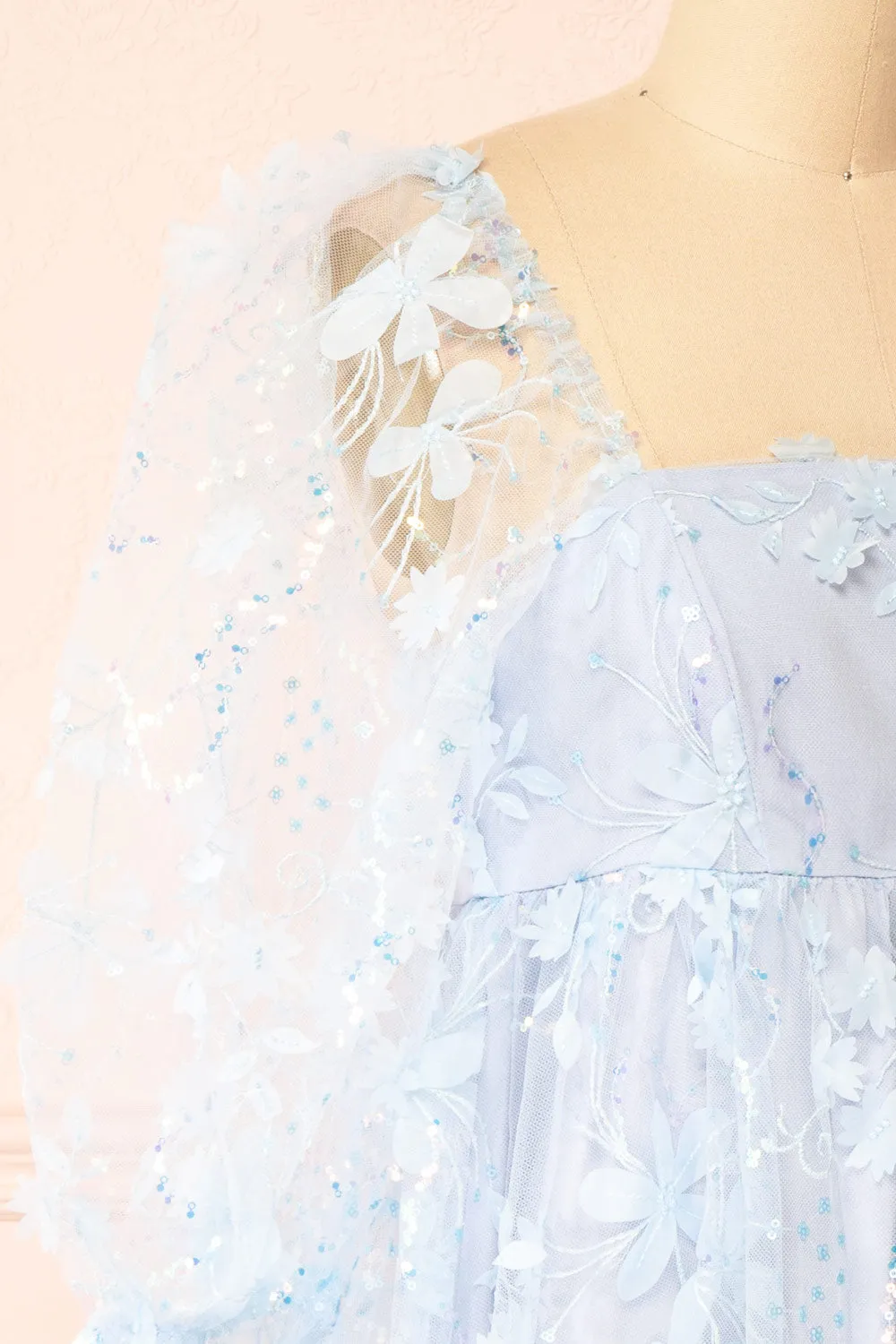 Laeticia | Blue Babydoll Dress w/ Floral Appliqués