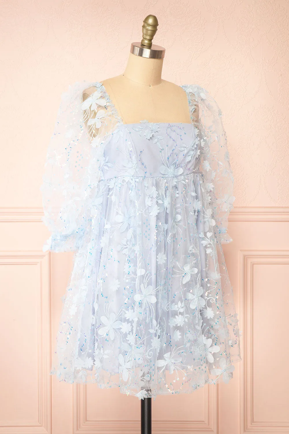 Laeticia | Blue Babydoll Dress w/ Floral Appliqués