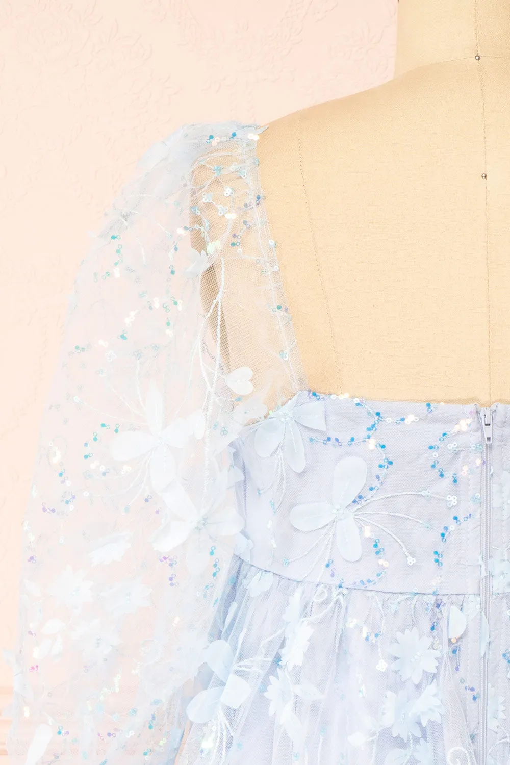 Laeticia | Blue Babydoll Dress w/ Floral Appliqués