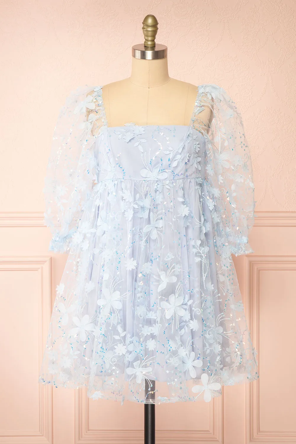 Laeticia | Blue Babydoll Dress w/ Floral Appliqués