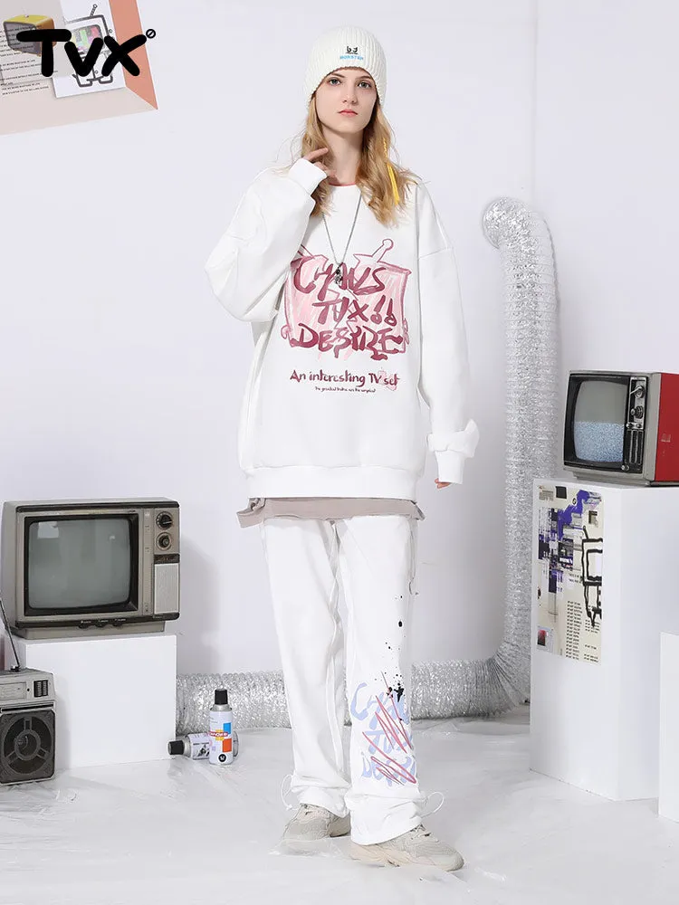 Letter splash-ink printed loose straight stretch rope leg cotton sweatpants