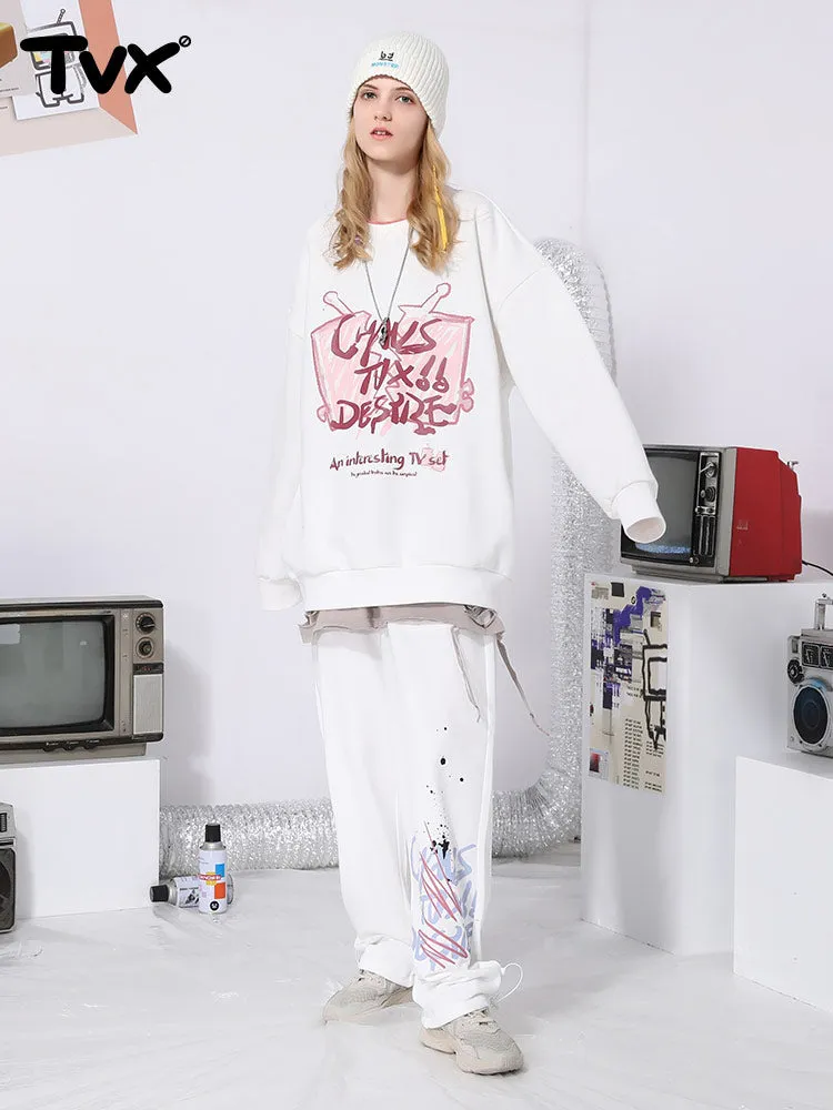 Letter splash-ink printed loose straight stretch rope leg cotton sweatpants