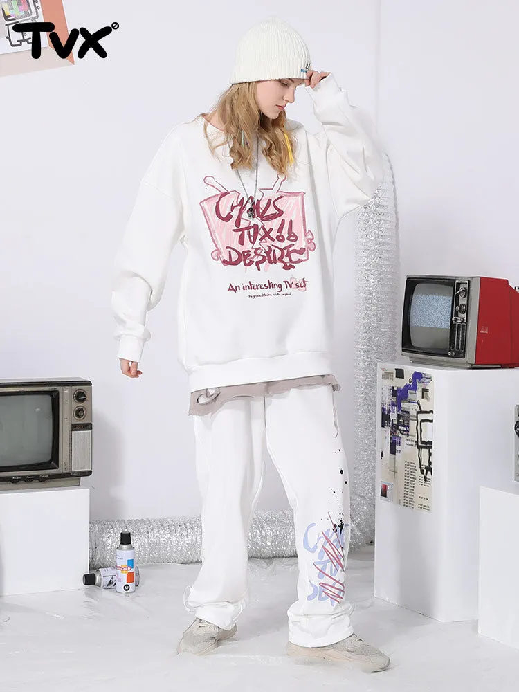 Letter splash-ink printed loose straight stretch rope leg cotton sweatpants