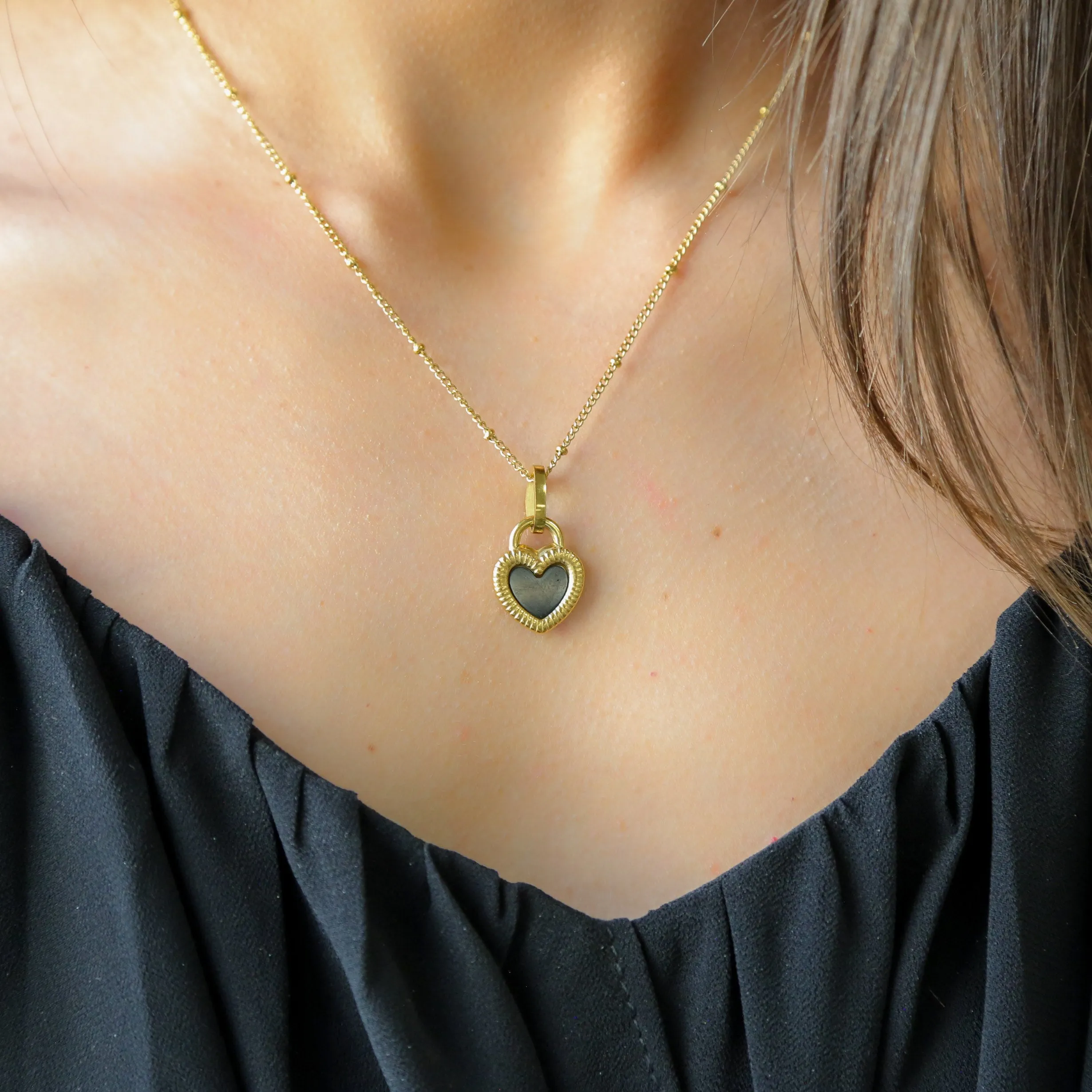 LOCKED ON LOVE | 18k Gold Plated Double-Sided Black Signet Lock Heart Necklace