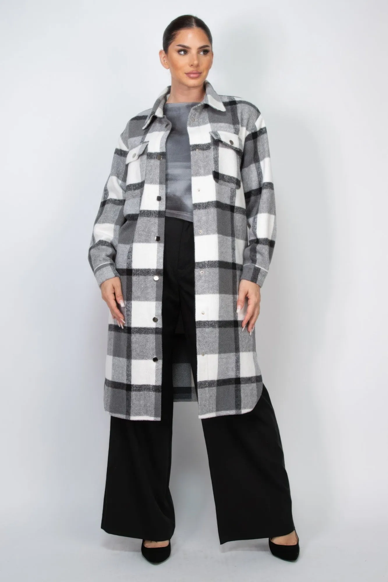 Long Plaid Buttoned Shacket Coat