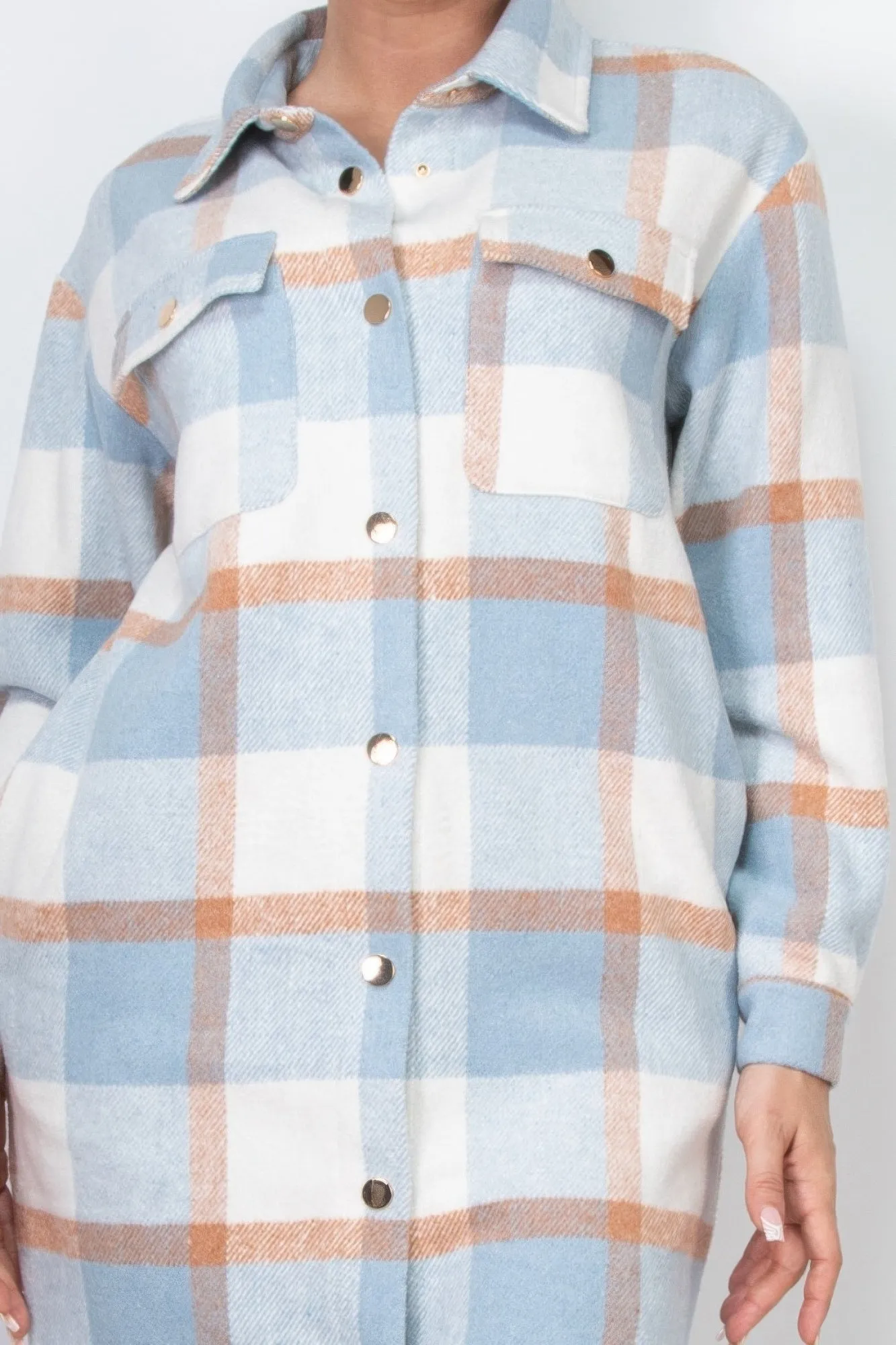 Long Plaid Buttoned Shacket Coat