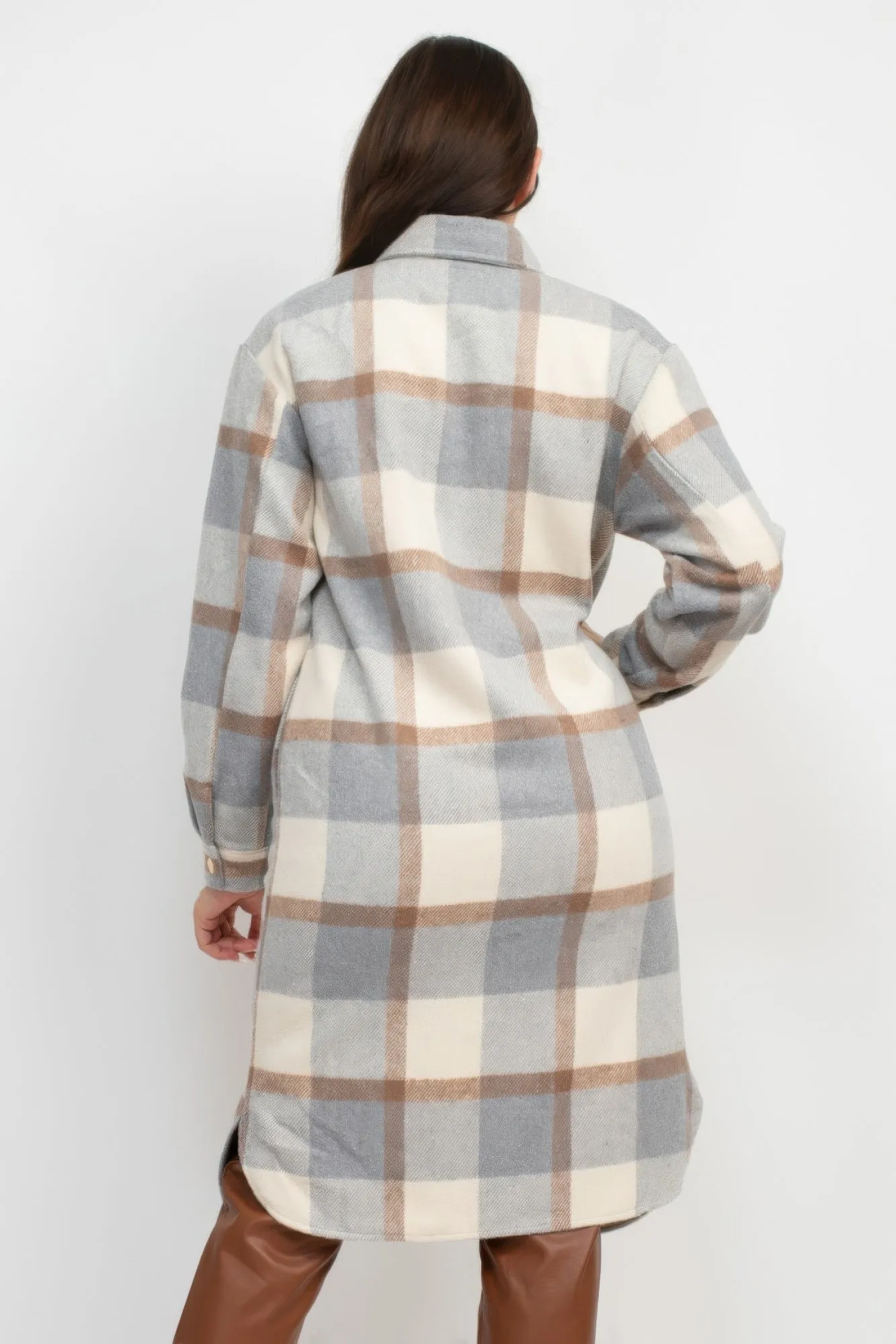 Long Plaid Buttoned Shacket Coat