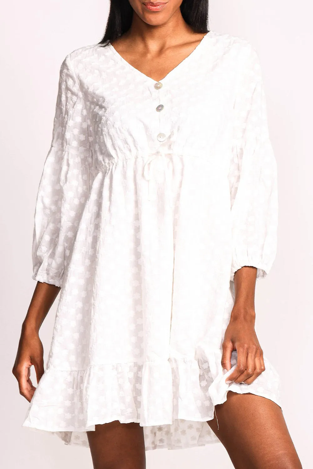 Meeshell | White Babydoll Dress w/ Floral Embroidery