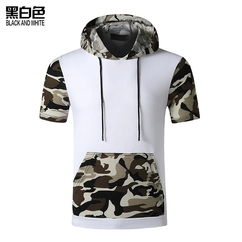 Men Short Sleeves Camo Pockets Drawstring Hoody T-Shirt