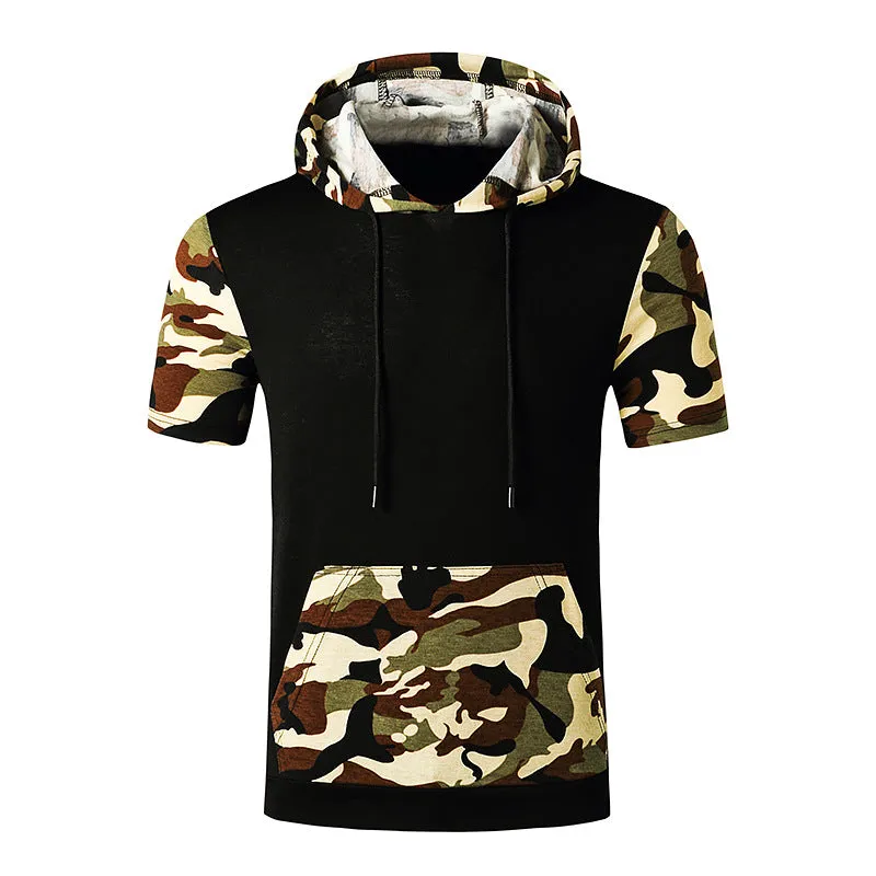 Men Short Sleeves Camo Pockets Drawstring Hoody T-Shirt