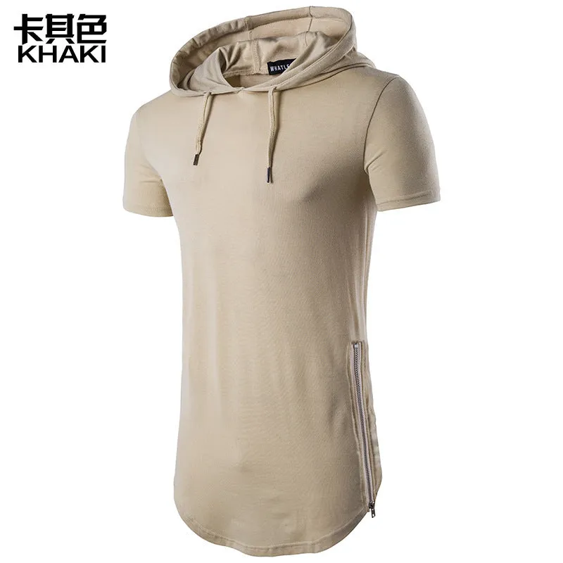 Men Short Sleeves Drawstring Hoody Long T-Shirt