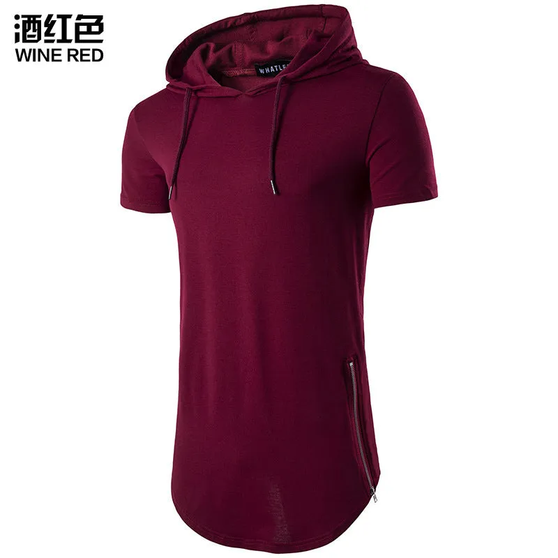 Men Short Sleeves Drawstring Hoody Long T-Shirt