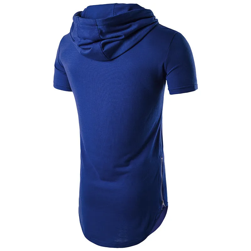 Men Short Sleeves Drawstring Hoody Long T-Shirt