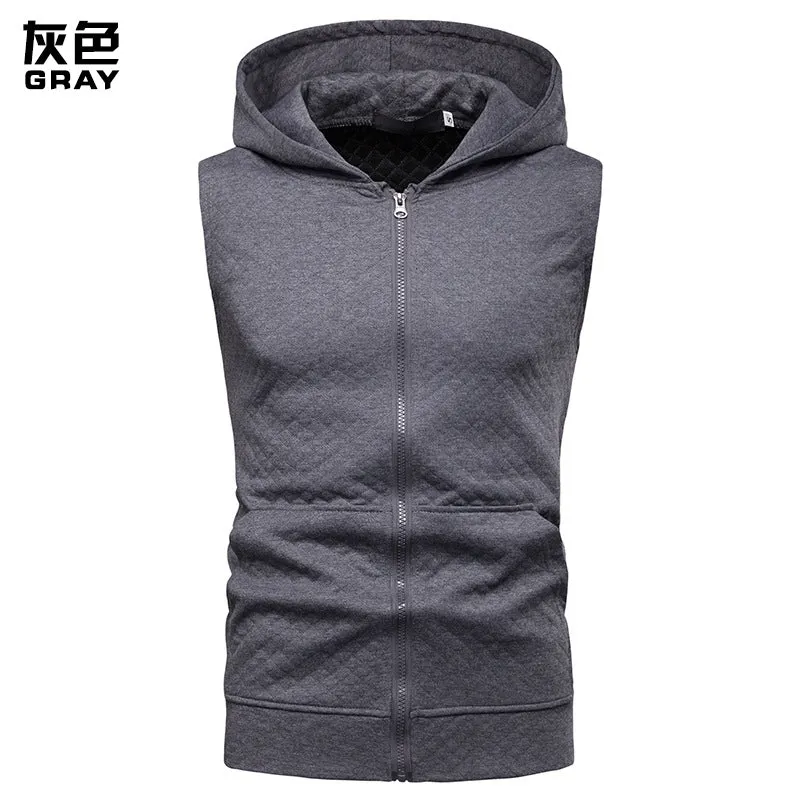 Men Sleeveless Lattice Zippers Hoody T-Shirt