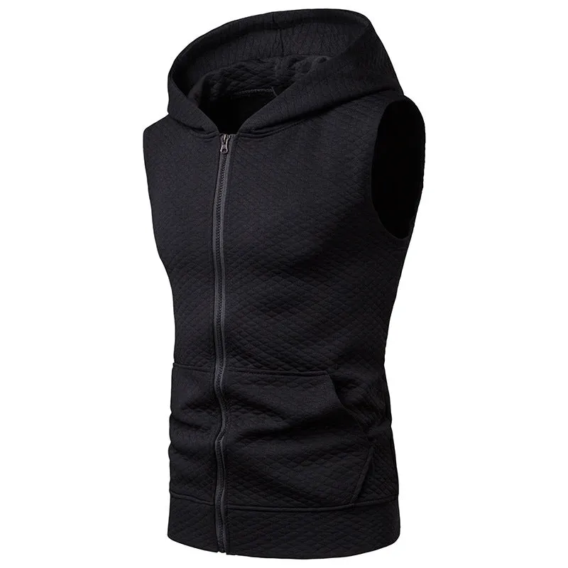 Men Sleeveless Lattice Zippers Hoody T-Shirt