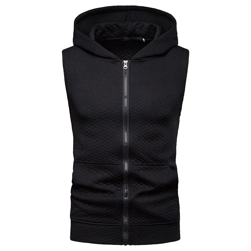 Men Sleeveless Lattice Zippers Hoody T-Shirt