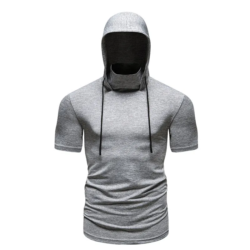 Men Slim Short Sleeves Drawstring Hoody T-Shirt