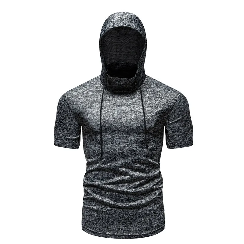 Men Slim Short Sleeves Drawstring Hoody T-Shirt