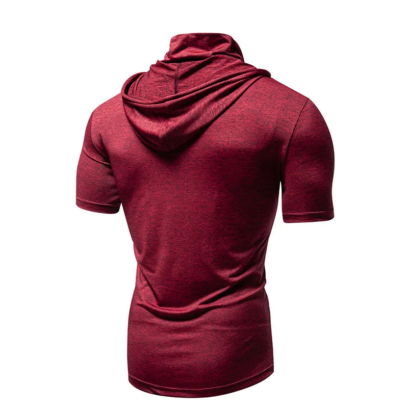 Men Slim Short Sleeves Drawstring Hoody T-Shirt