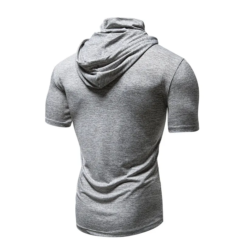 Men Slim Short Sleeves Drawstring Hoody T-Shirt