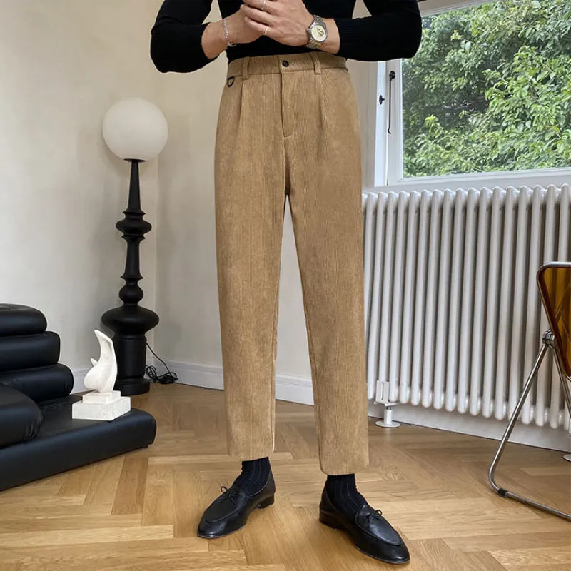 Mens Casual Slim Fit British Retro Corduroy Pants High Waisted Trousers