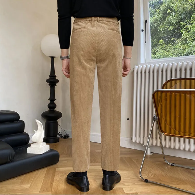 Mens Casual Slim Fit British Retro Corduroy Pants High Waisted Trousers