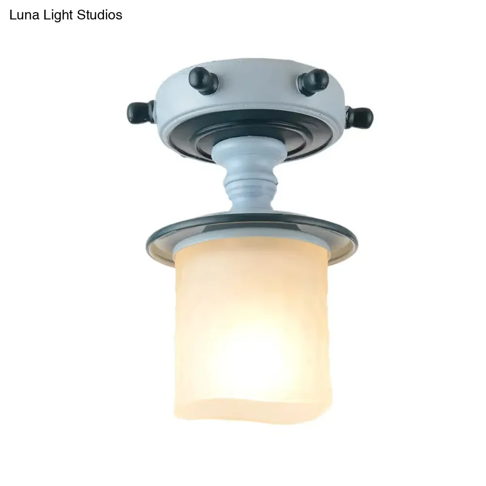 Modern 1-Light Black/Blue Mediterranean Semi Flush Mount Ceiling Light, Opaque Glass, Column/Flared Design, 6"/13" Width