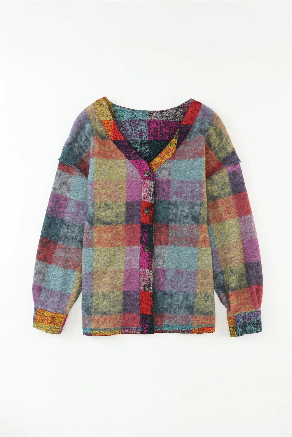 Multicolor Brushed Checked Tunic Buttoned Shacket