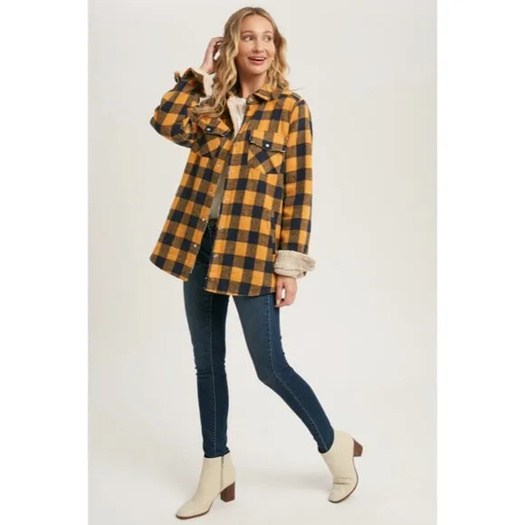 Mustard Buffalo Plaid Checkered Sherpa Lined Shacket Shirt Jacket Casual Womens