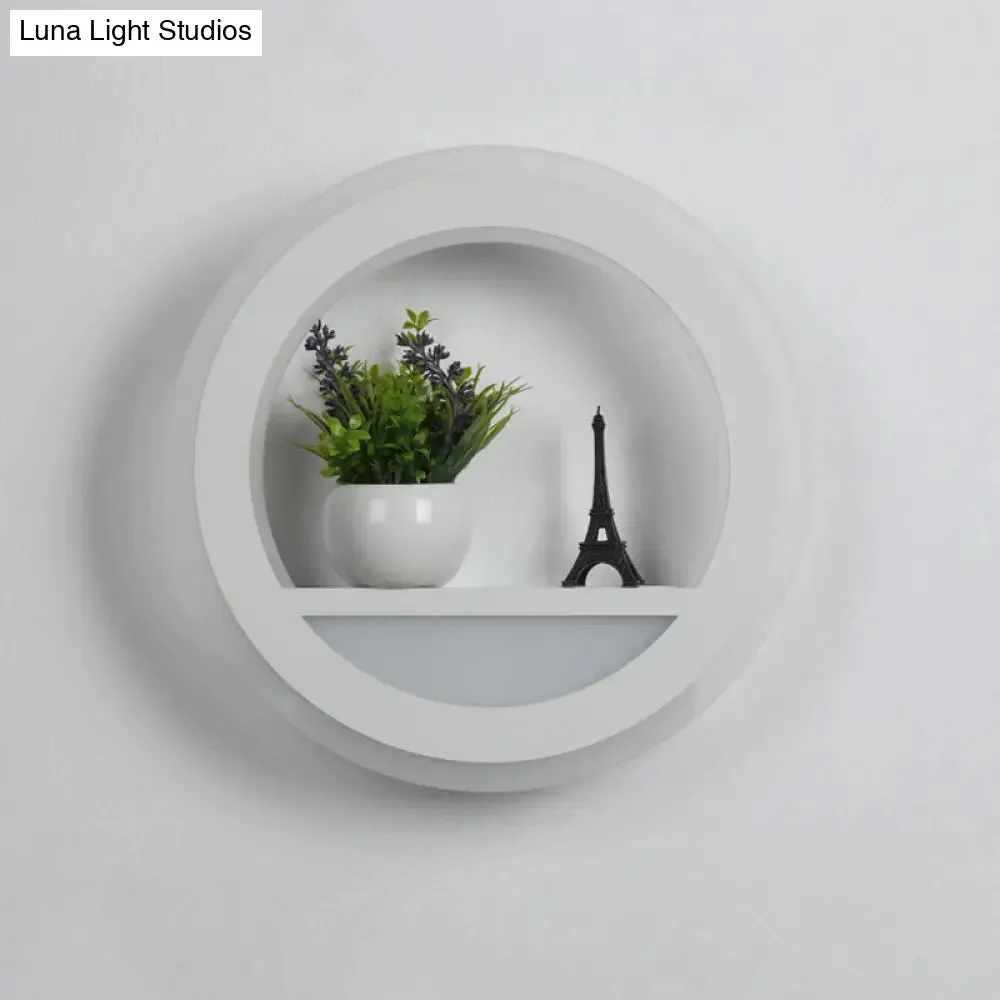 Nordic White LED Acrylic Halo Ring Wall Sconce Light Fixture with Shelf Design