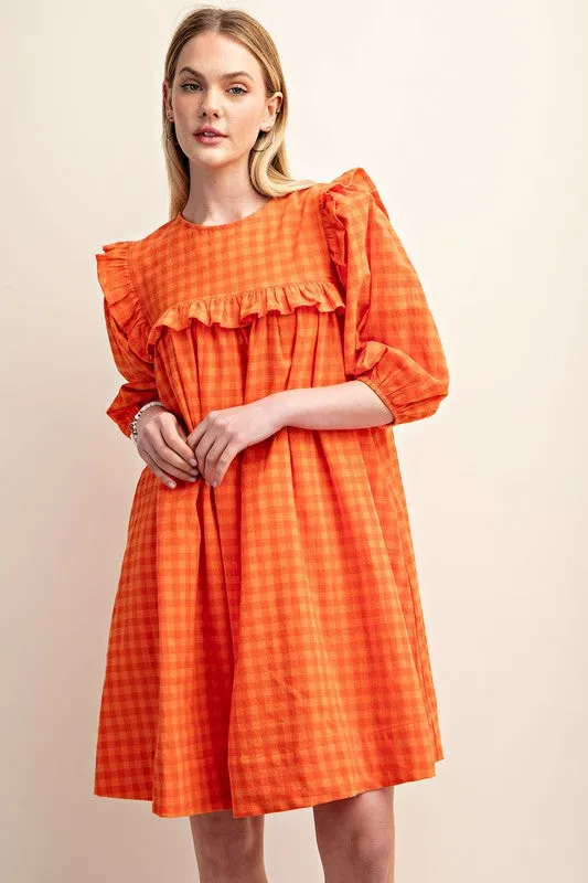 Orange Gingham Ruffled Babydoll Mini Dress