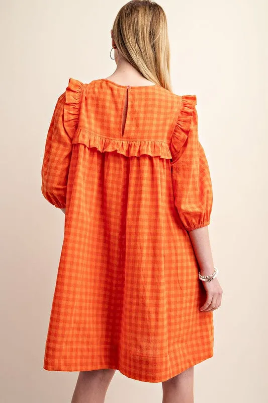 Orange Gingham Ruffled Babydoll Mini Dress