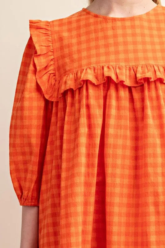 Orange Gingham Ruffled Babydoll Mini Dress