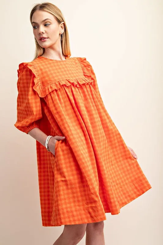 Orange Gingham Ruffled Babydoll Mini Dress