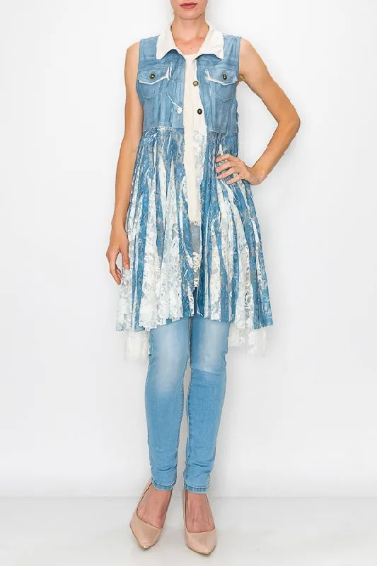 Origami Denim & Ivory Lace Hi Lo Vest