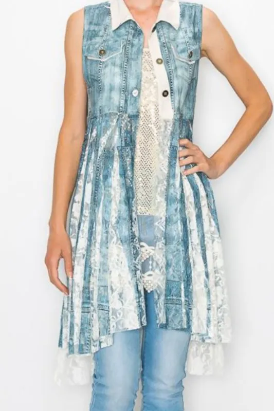 Origami Denim & Ivory Lace Hi Lo Vest