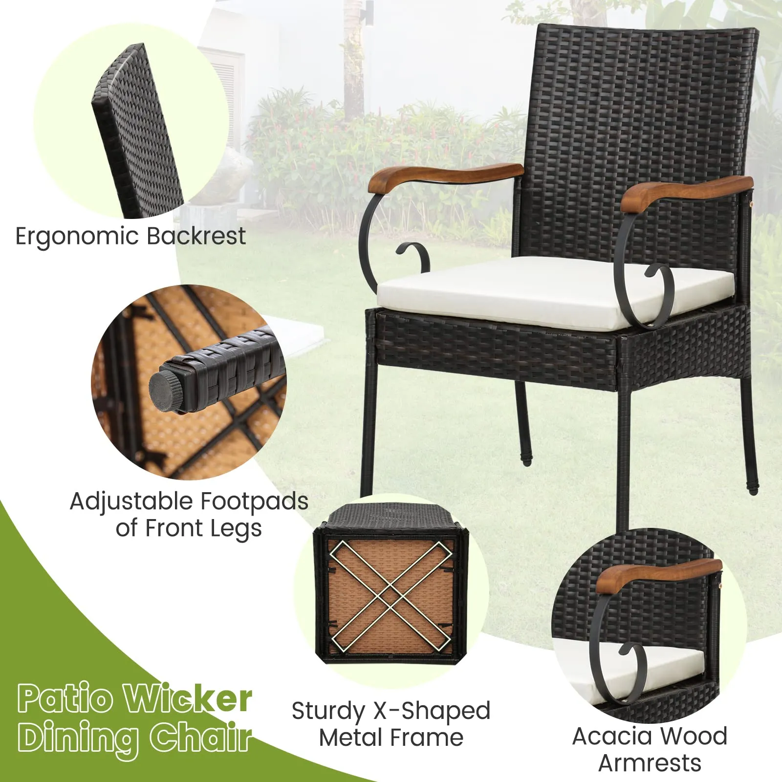 Outdoor Wicker Chair & Dining Table Set, Acacia Wood Tabletop & Armrests, 2” Umbrella Hole