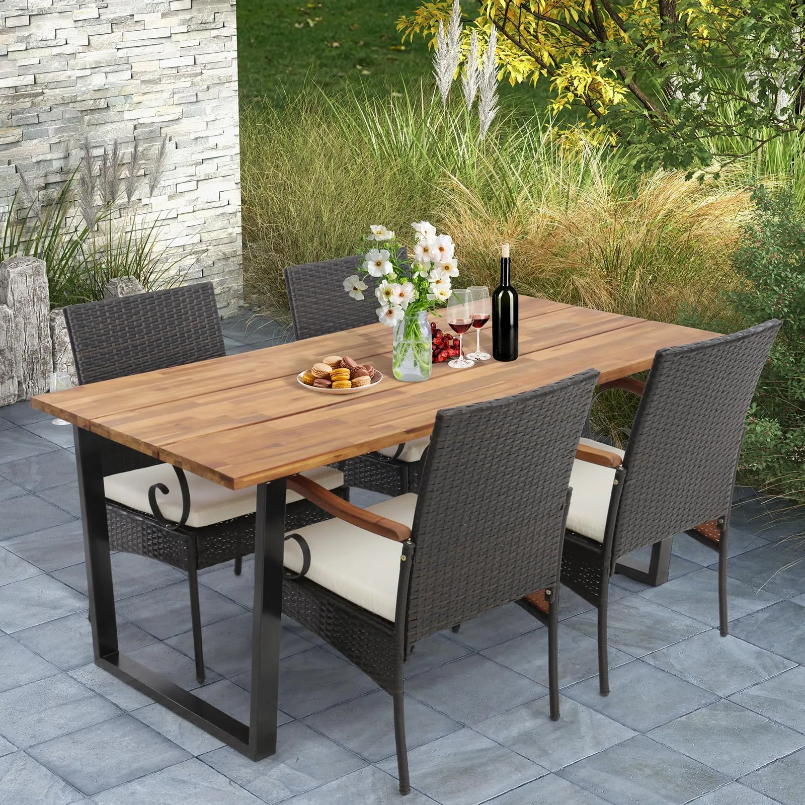 Outdoor Wicker Chair & Dining Table Set, Acacia Wood Tabletop & Armrests, 2” Umbrella Hole