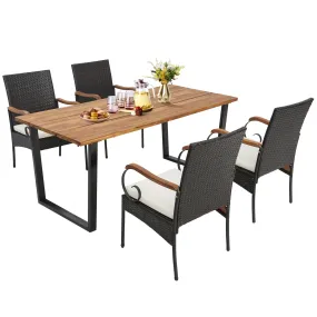 Outdoor Wicker Chair & Dining Table Set, Acacia Wood Tabletop & Armrests, 2” Umbrella Hole