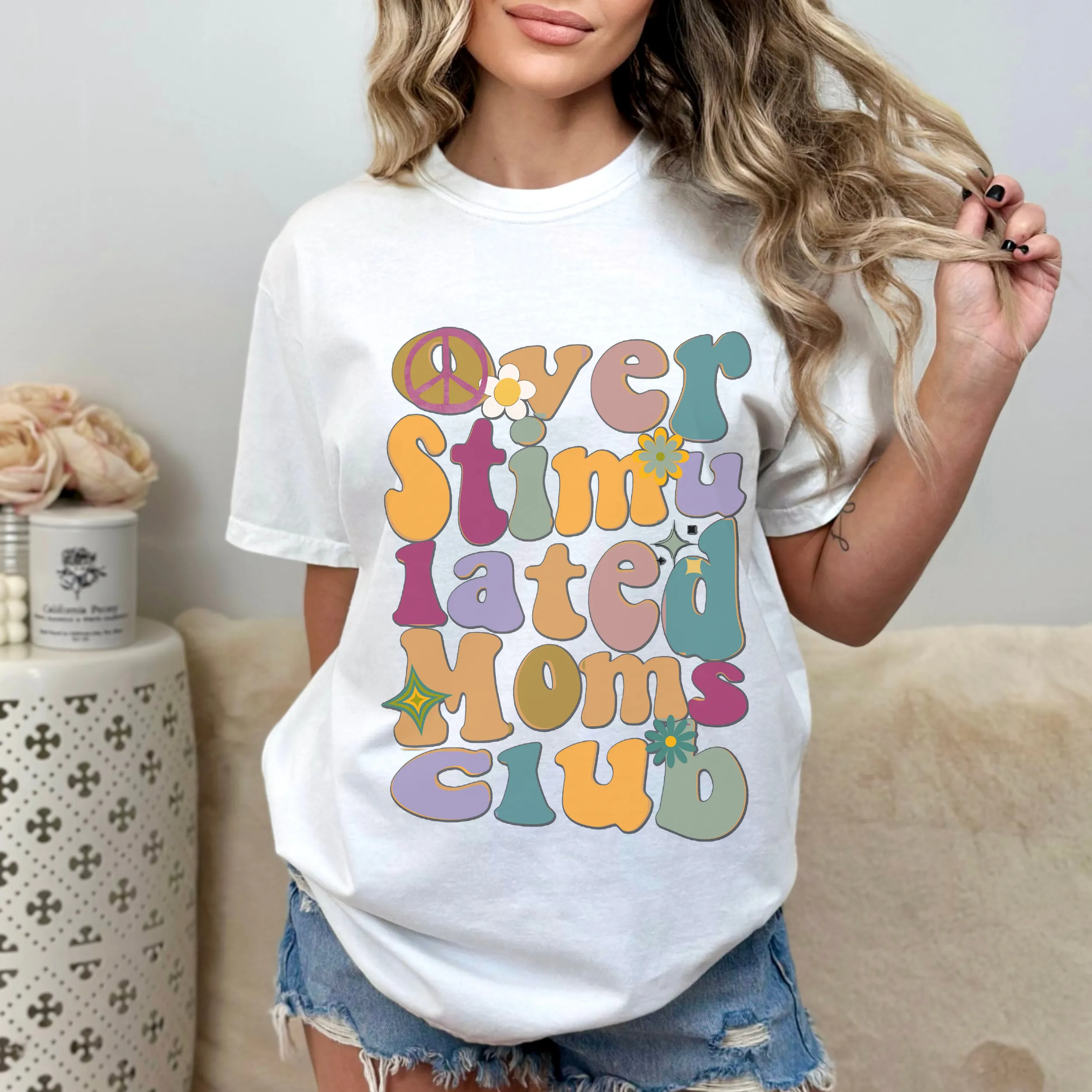 Overstimulated Moms Club, Unisex Garment-Dyed T-shirt Comfort Colors® Tee in Green, Yam, Mustard, White, Mother's Day Gift, Gift for Mom