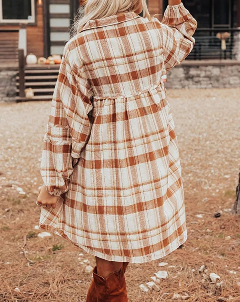 Plaid Bubble Sleeve Babydoll Dress