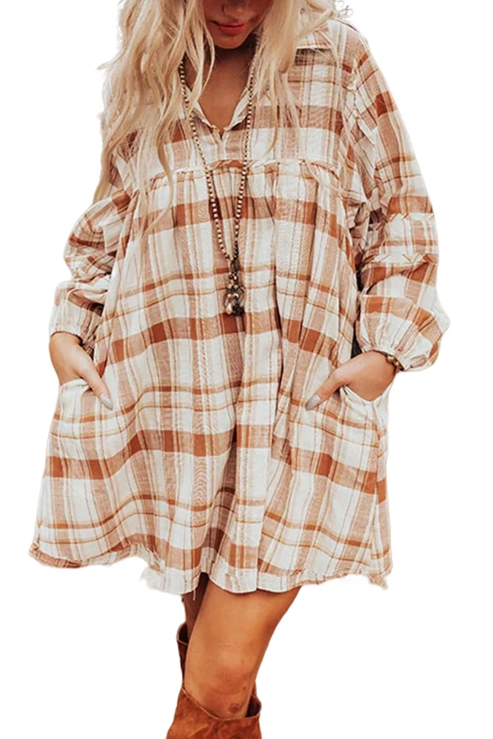 Plaid Bubble Sleeve Babydoll Dress