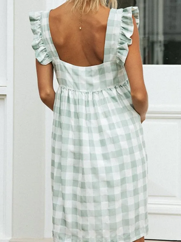 Plaid Flounce Sleeve Babydoll Dress