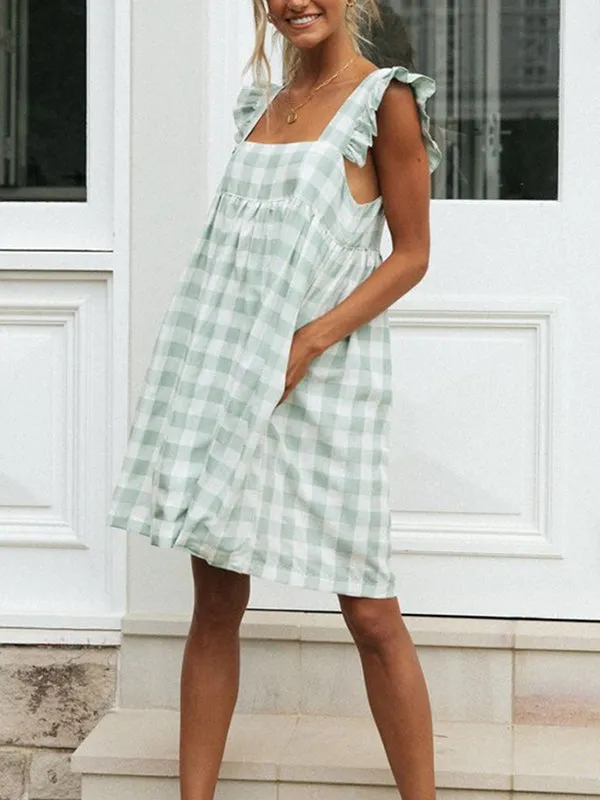 Plaid Flounce Sleeve Babydoll Dress